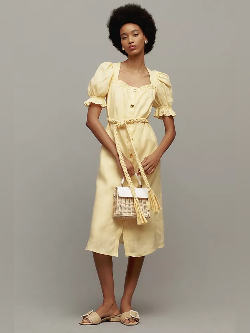 English Factory Puff-Sleeve Button-Front Linen Midi Dress | S NWT